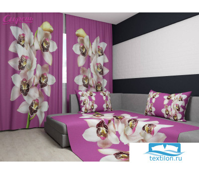 03566-ФШПК-ГБ-001/004 Комплект фотошторы + покрывало 3D 'Гармония цветка орхидеи', Габардин (100% полиэстер), 145х260 см - 2 шт, 145х220 см, Лента, упаковка: ПВХ