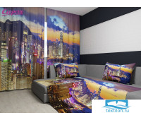 03592-ФШПК-ГБ-001/004 Комплект фотошторы + покрывало 3D 'Закат в Гонконге', Габардин (100% полиэстер), 145х260 см - 2 шт, 145х220 см, Лента, упаковка: ПВХ